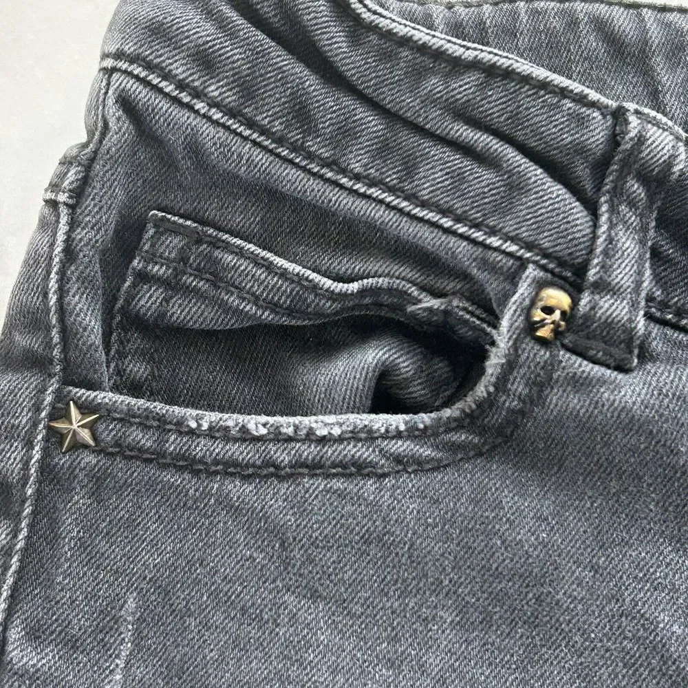Zadig & Voltaire Girl's Faded Black Jeans Size‎ 10 138 Embroidered Guitar Skull